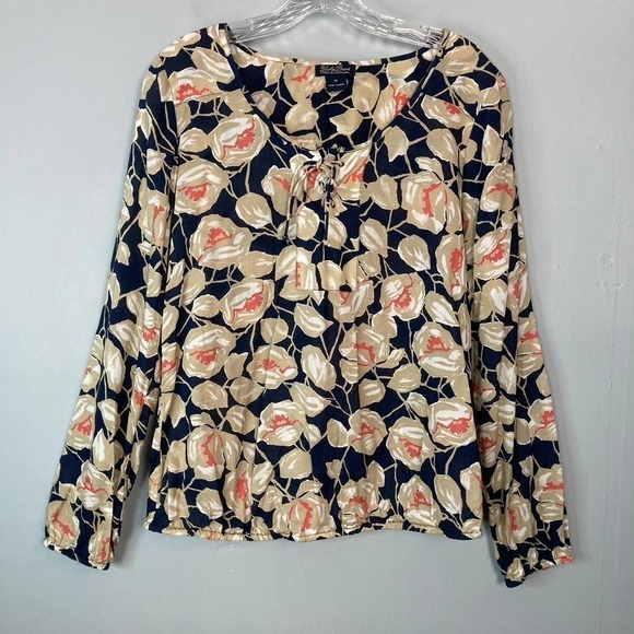 Lucky Brand Floral Vine Lace Up Neckline Peasant Blouse Navy Blue Tan Size M - Picture 13 of 16
